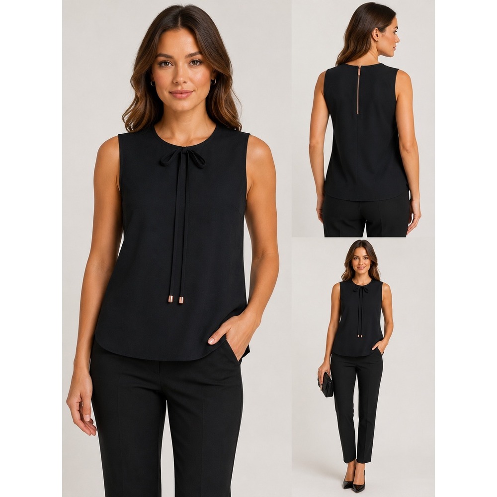 Ted Baker London NATALLE Black Sleeveless Tie Neck Blouse Rose Gold Zip Size 3